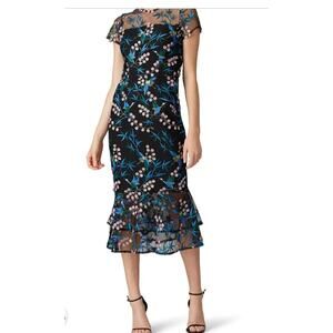 Anthropologie blue black bird embroidered shortsleeve VONE Rylee midi Dress 8